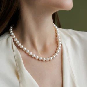 Miyazu Ø8 perlekæde med hvide ferskvandsperler i 14 karat rosaguld båret af model